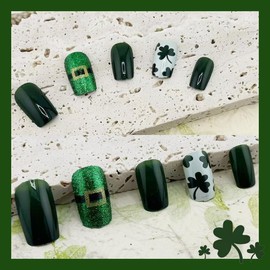24Pcs St. Patrick's Day Press on Nails Short Square Fake Nails Green Glossy Shamrock Design White Full Cover Artificial Glue on Nails Glossy Stick on Nails Irish False Nails for Women DIY Nails Art