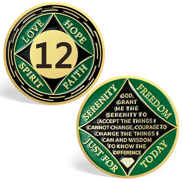 12 Year NA Sobriety Coin, Green NA Medallions Sobriety Chips