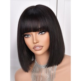 MURAME Bob Wig Human Hair 210% Density Bob Wig with Bangs 100% Human Hair Wigs for Black Women Pre-Bleached Glueless Straight Bob Wigs(10Inch,black bob wig)