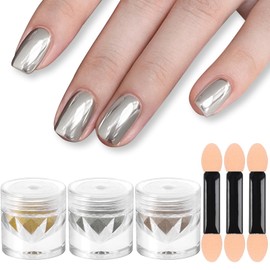 Erinde Gold Silver Champagne Chrome Nail Powder, 3 Jar Metallic Mirror Holographic Effect Chrome Powder for Gel Nails, Nail Glitter Dust Silver Chrome Powder Manicure Pigments for Nail Art Design