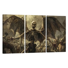 LSIUHWUWI Zombies Wall Art 3 Pieces Skeletal Demon with Bat Wings Wall Art for Living Room Skull Wall Decor Artwork Bathroom Wall Decor Wooden Frame Stretched Ready to Hang 20X40INCH X3