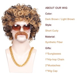 ColorGround 4-Pieces Chain and Moustache and Short Curly Wig for 70'S Disco Party (Brown with Blonde (4 pieces set))