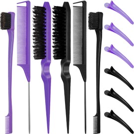 12 Pieces Nylon Hair Brushes, Hair Brush On Both, Smooth Grooming Comb, Rat Tail Combs with Duck Beak Clip for Women and Girls (Black, Pink)