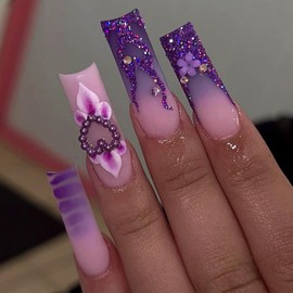 Long Coffin Press on Nails French Tip Fake Nails Matte Pink Purple False Nails with 3D Charm Love Heart Flowers Rhinestones Design Artificial Gradient Nail Y2K Stick on False Nails 24Pcs