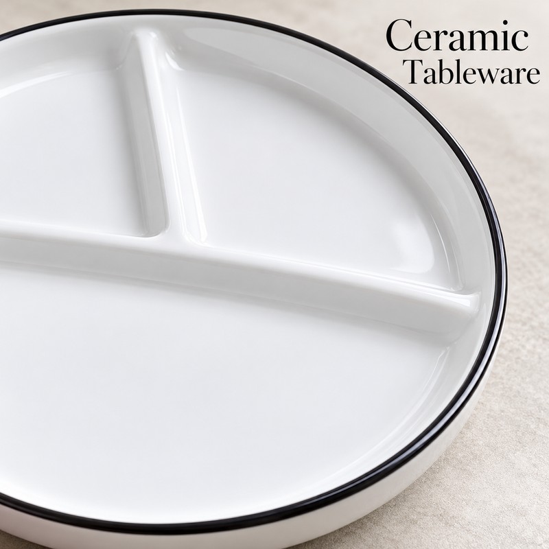 Ceramic Divided Plate – 3-Section Round Food Serving Plate for