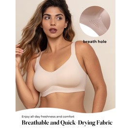 COMFELIE Wireless Bra for Women Seamless Full Coverage V Neck No Underwire Adjustable Straps Light Lift Support Nude