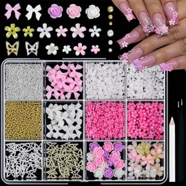 3D Nail Charms and Gems Kit Cute Colorful Flower Nail Charms Nail Beads Butterfly with Picker Tools Kawaii Nail Art Charms for Nails Design Supplies Junk Cases DIY Decor Accessories