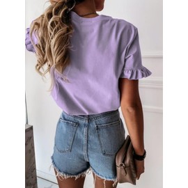 PRETTYGARDEN Women's Short Sleeve Casual T Shirts Summer Ruffle Plain Round Neck Loose Fit Tee Blouse Tops Purple