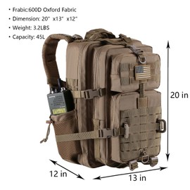 Hannibal Tactical 45L MOLLE Assault Backpack, Tactical Backpack Military Army Camping Rucksack with Bottle Holder, 3-Day Pack Trip w/USA Flag Patch, D-Rings, Khaki