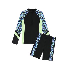 GERU Boys Rash Guard Sets Long Sleeve Swimsuit Shorts Set with Zipper Beach Bathing Suit for Kids Boys 5-6 Years