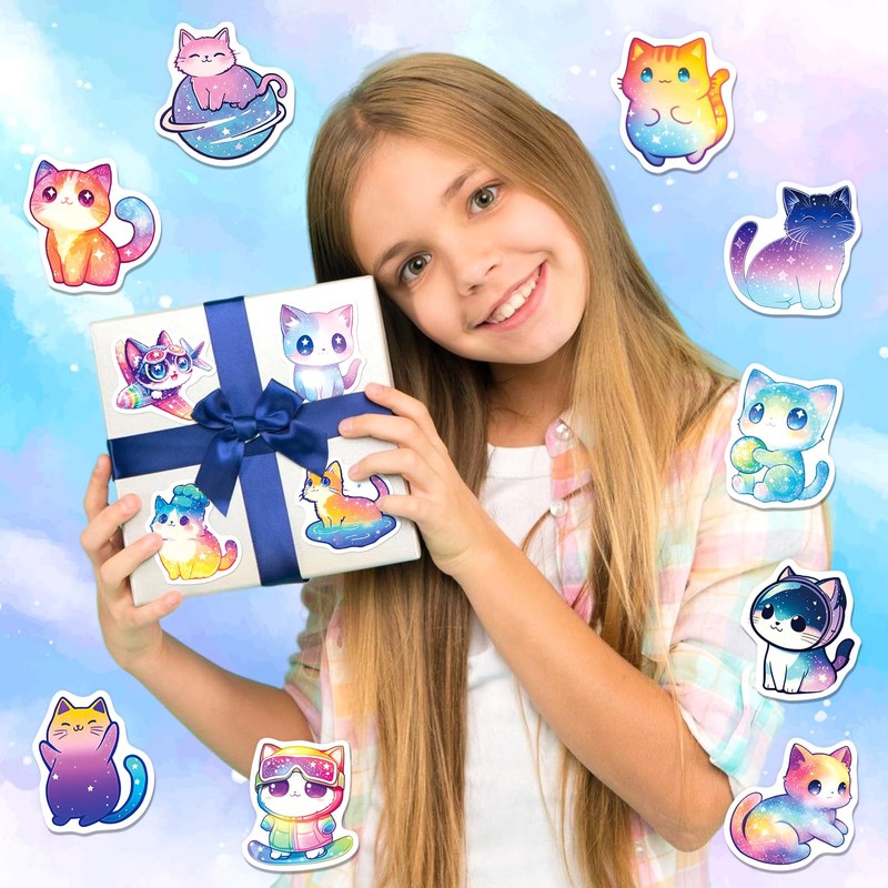 SigyoJeom 200PCS Starry Sky Cat Stickers, Holographic Stickers for Kids