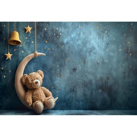 Laeacco 5x3ft Bear Baby Shower Backdrop Cartoon Crescent Moon Stars Blue Night Sky Photography Background for Newborn Baby Shower Kids 1st Birthday Party Decoration Portrait Photo Booth Props