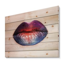 DesignQ Women Lips With Bright Multicolored Lipstick Modern & Contemporary Wood Wall Decor, Red Wood Wall Art, Large People Wood Wall Panels Printed On Natural Pine Wood Art