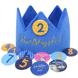 Sugeru Velvet Birthday Crown with 11 Buttons Numbers from 1-8 for Children, Girls, Boys, Crown Birthday, Children's Birthday Party Decoration, Party Hats, Record Growth of Children, Reusable (Blue)