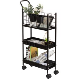 danpinera 3 Tier Rolling Cart, Slim Cart with Wheels for Small Spaces, 7.7’’ Slim Storage Cart with Extra Hooks and Hanging Cups, Narrow Rolling Storage Cart, Black