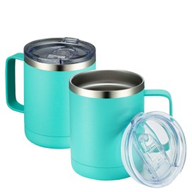 MEWAY - Taza de café de 12 oz con asa, paquete de 2 a granel, vasos de viaje aislados de acero inoxidable con tapa deslizante, taza de camping al vacío de doble pared (Verde claro, Juego de 2)