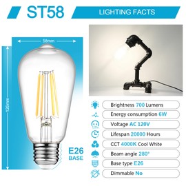 Ascher Ascher Vintage LED Edison Bulbs, 6W, Equivalent 60W, Non-Dimmable, High Brightness Cool White 4000K, ST58 Antique LED Filament Bulbs with 80+ CRI, E26 Medium Base, Clear Glass, Pack of 6