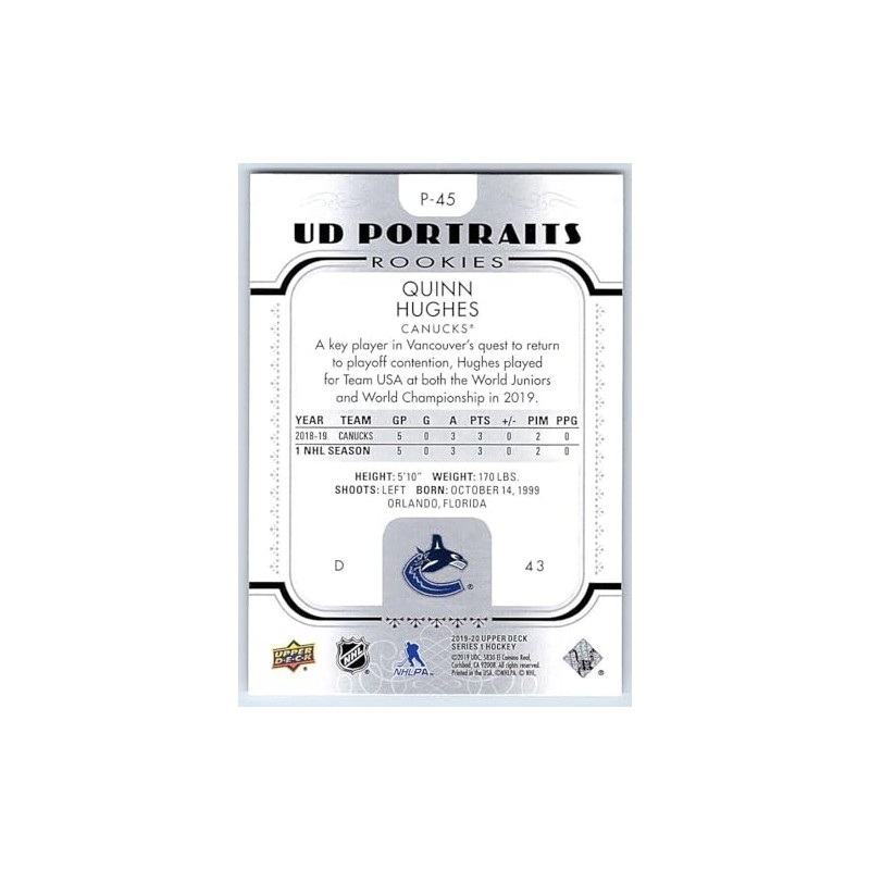 2019-20 Upper Deck Portraits Hockey #P45 Quinn Hughes Rookie Card