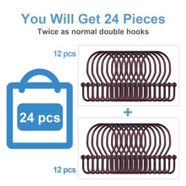 24 Pack Double Shower Curtain Hooks Rings, TENOVEL Double Sided Shower Curtain Hooks Rust Proof for Shower Curtain, Stainless Steel Bathroom Shower Hangers Rings for Shower Rods, Bronze
