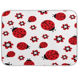 Cute Animal Ladybugs Flower Dish Drying Mat Microfiber Ultra Absorbent Reversible Hanging Drainer Pad for Kitchen Counter Washable Large 16x18 inch