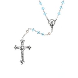 Austrian Crystal OR Glass Catholic Prayer Rosary - Includes Rosary Pouch, "How to Pray the Rosary" and birth month meaning where applicable (Aquamarine - March - SILVER)