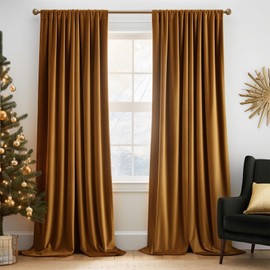 Lazzzy Brown Velvet Blackout Curtain Thermal Insulated Curtain Soft Luxury Noise Reducing Velvet Window Drape for Kids Bedroom Living Room Darkening Drape 96 Inch Long (1 Panel) Gold Brown