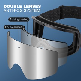 Odoland Ski Mask Kit, Wide View Cylindrical Snowboard Mask Anti-Fog UV Protection, Ski Goggles for Men and Women, Frames Black + Silver Lens VLT10%