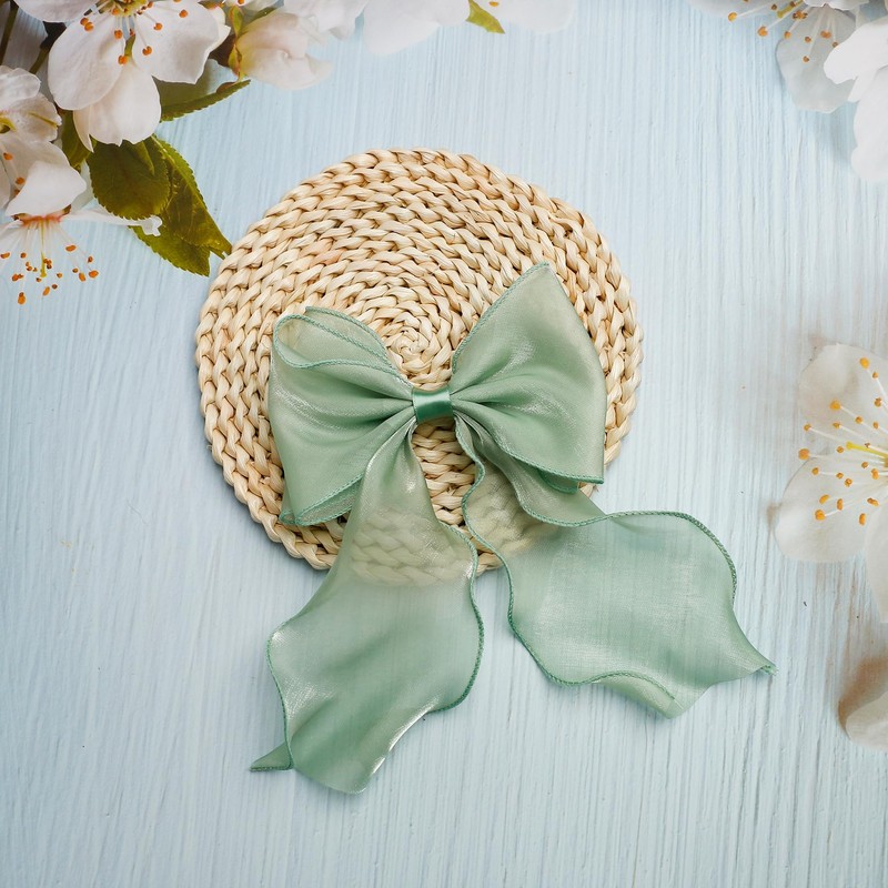 2Pcs Large Emerald Green Silk Hair Bows for Women Long
