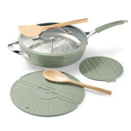 Tramontina Vue All-in-One Plus Pan Set, 5-Quart Ceramic Non Stick Cooking Pan with Glass Lid, Steamer Insert, Beechwood Utensils, Splatter Screen, Pot Holder, Green