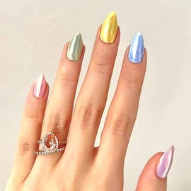 30Pcs Almond Press on Nails Short Fake Nails Colorful Aurora Design Glue on Nails Glossy Full Cover Acrylic Nails Press ons Artificial False Nails for women Girls