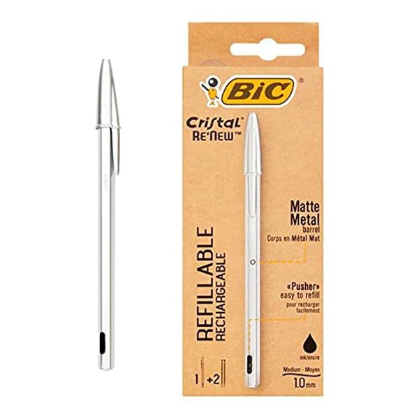 Bic Cristal ReNew Re-Fillable Pen and 2 Refills, Black