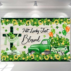 Ticuenicoa St. Patrick's Day Banner -Jesus Cross Truck Party Decorations, Not Lucky Just Blessed Photography Background, Happy St. Patrick’s Green Shamrock Irish Banner Photo Props 49.3x39.4 inches