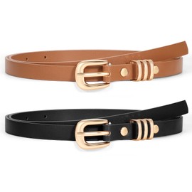 XZQTIVE 2 Pack Skinny Belt for Women PU Leather Belt for Dress Pants Ladies Thin Waist Belt with Gold Silver Buckle