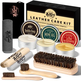 Awaydol 10 PCS Leather Care Kit - Horsehair Brushes,Saddle Soap,Waterproofing Wax,Mink Oil Conditioner,Polishing Cloth,Microfiber cloth,Boot Shoe Shine Cleaning Kit Gift for Men Cowboy Husband Dad ﻿