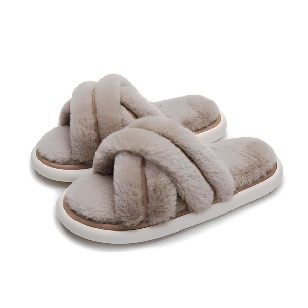 Vimare Warm Fluffy Thick Sole Slippers, Women's Fur Boa Sandals, For Autumn & Winter, Cold Protection, Braun