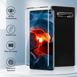 2+2 Pack Galaxy S10 Plus Screen Protector with Camera Lens Protector,9H Hardness Tempered Glass,3D Full Coverage,Free of Bubbles,Support Fingerprint Unlock,Easy to Install,for Galaxy S10 Plus 6.4 Inch