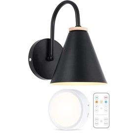 BIMEAN Battery Operated Black Faux-Wood Industrial Wall Sconce, Easy to Install Not Wires, Remote Control Dimmable LED Light Bulb, Dimmable Wall Lamp Fixtures for Bedroom Farmhouse Gallery (1 Pack)