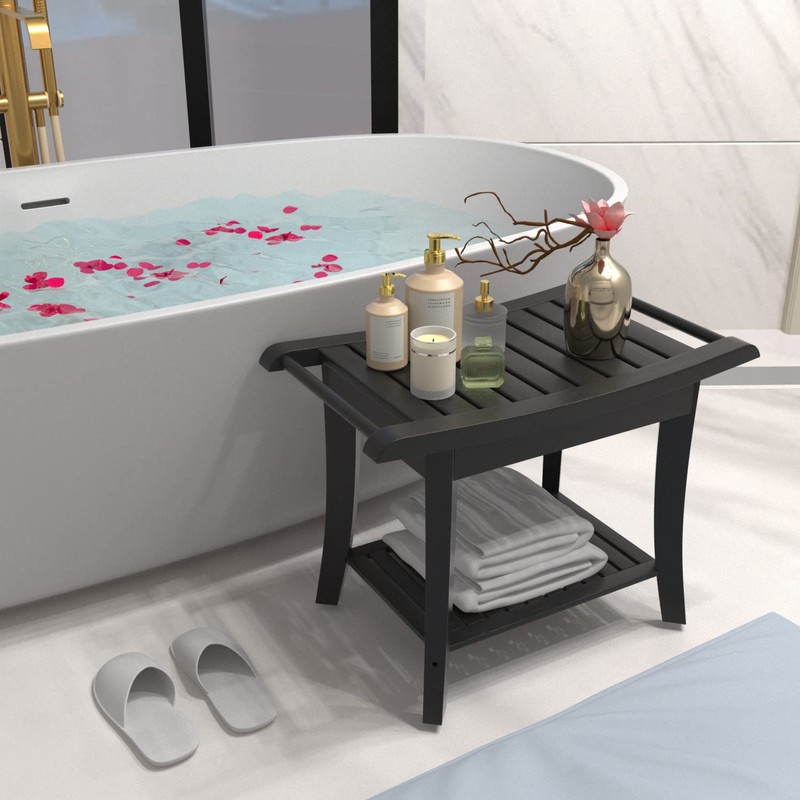 Bamboo Shower Stool Bench Waterproof with Storage Shelf for Shaving