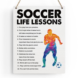 BELLOWDEER Soccer Life Lessons Wood Sign Inspirational Soccer Wall Decor Art, Motivational Soccer Quotes Wall Art Decor Signs for Home Office Bedroom Decoration, Senior Team Gifts, 8x10 Inches
