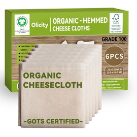 Organic Cheese Cloths, GOTS Certified, 6PCS, Grade 100, 20x20Inch Hemmed Cheese Cloth Fabric Reusable Fine Mesh Cloth, 100% Cotton Unbleached Muslin Cheesecloth for Straining, Cooking, Yogurt, Juicing