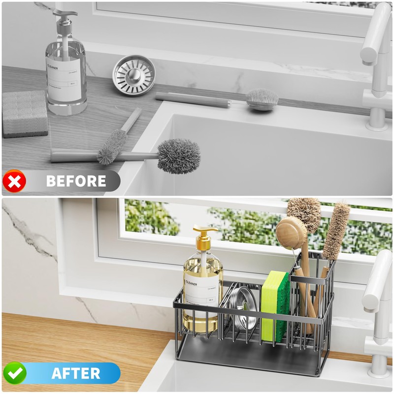 Cisily Kitchen Sink Caddy Organzier with High Brush Holder, Sponge