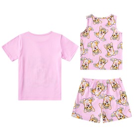 Kinberr Sleepwear for Girls Comfy Dog Print Pajamas Set Kids Nightwear Pjs Set Nighty Pink 3pcs Lounge Sets for Summer
