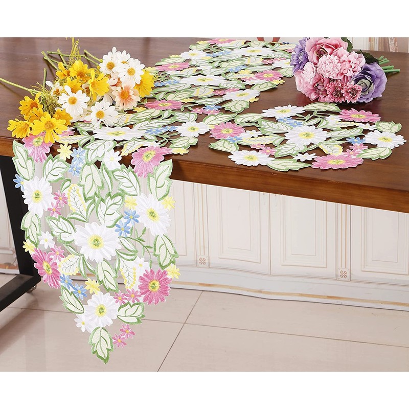 Spring Flower Table Runner Embroidered Flowery Table Placemats Floral Cutwork
