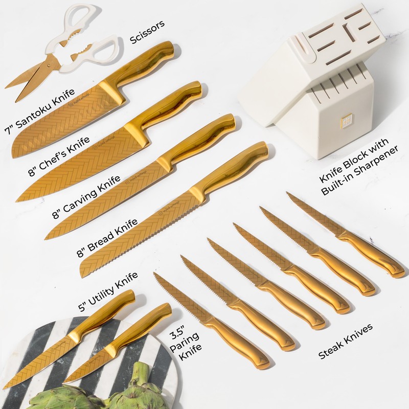 Styled Settings Gold Knife Set with Block and Sharpener –
