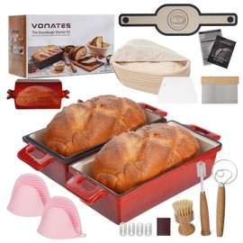 VONATES 2 in 1 Enameled Cast Iron Loaf Pan with Lid, 9×5 Inch Bread Baking Pans for Homemade Bread, Pre-Seasoned Loaf Pan Bread Pan with Sourdough Bread Baking Supplies (2 PCS)
