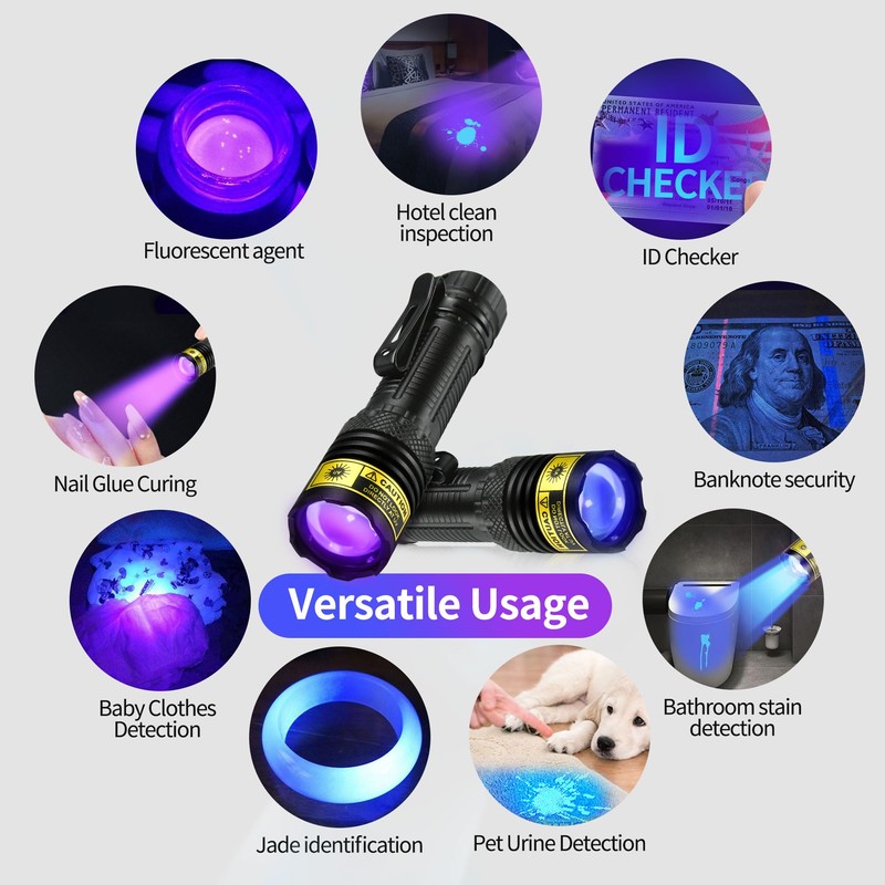 DARKDAWN UV Flashlight 365&395nm Black Light Mini USB Rechargeable Ultraviolet