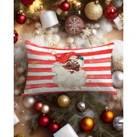 Retro Black Santa Christmas Pillow Cover 12x20 Inch, Vintage Red Striped Holiday Decorative Throw Pillow Case, Festive African American Santa Claus Cushion Cover for Couch, Sofa, or Bed(Red)
