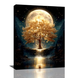 Golden Tree Wall Art Fantasy Tree with Moon and Waterfall Canvas Wall Decor Pictures Paintings Prints Mystical Nature Artwork Framed De corations For Meditation Space Bathroom Bedroom Living Room Office Gifts 12" x 16"