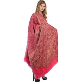 Exotic India Reversible Jamawar Shawl with Woven Paisle - Color Hot Pink