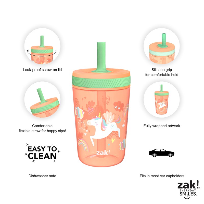 Zak Designs Unicorn Kelso Tumbler Set, Leak-Proof Screw-On Lid with